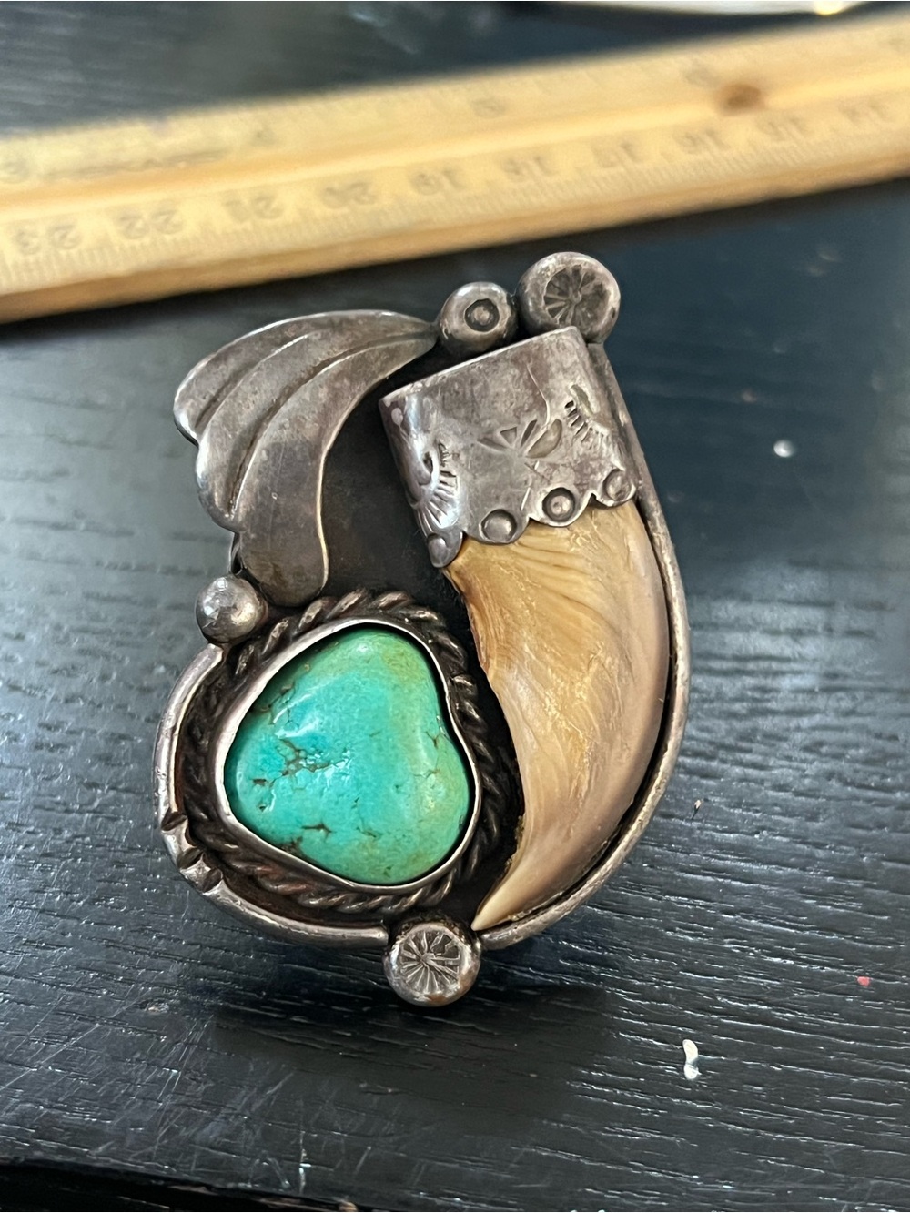 Sterling Silver Turquoise Cabochon Bezel Statement Ring with bear claw